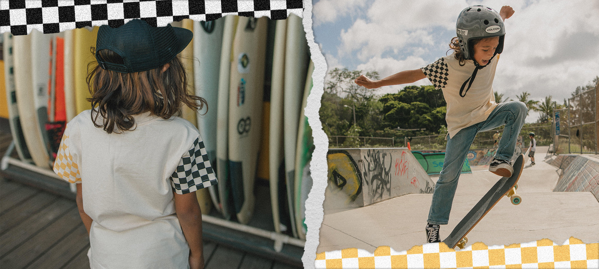 Salty Little Bums, Checker Sleeves, Checked Out, Surf Style, Skate Life, Coastal Kids Brand